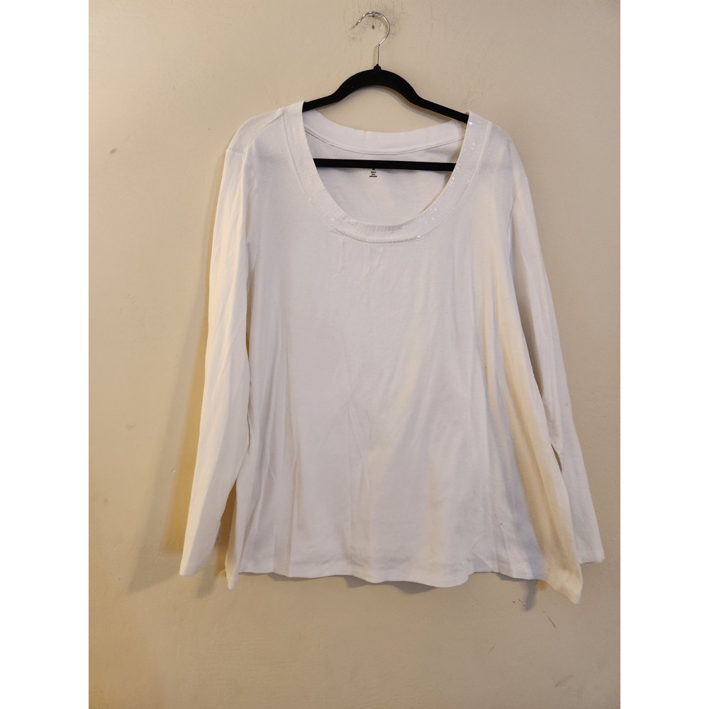 Syle & Co. Women's Sz 3X 100% Cotton Embellished Neck White Knit Long Sleeve Top